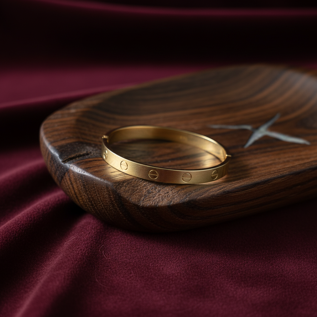 Pulsera dorada sobre bandeja artesanal con fondo burdeos