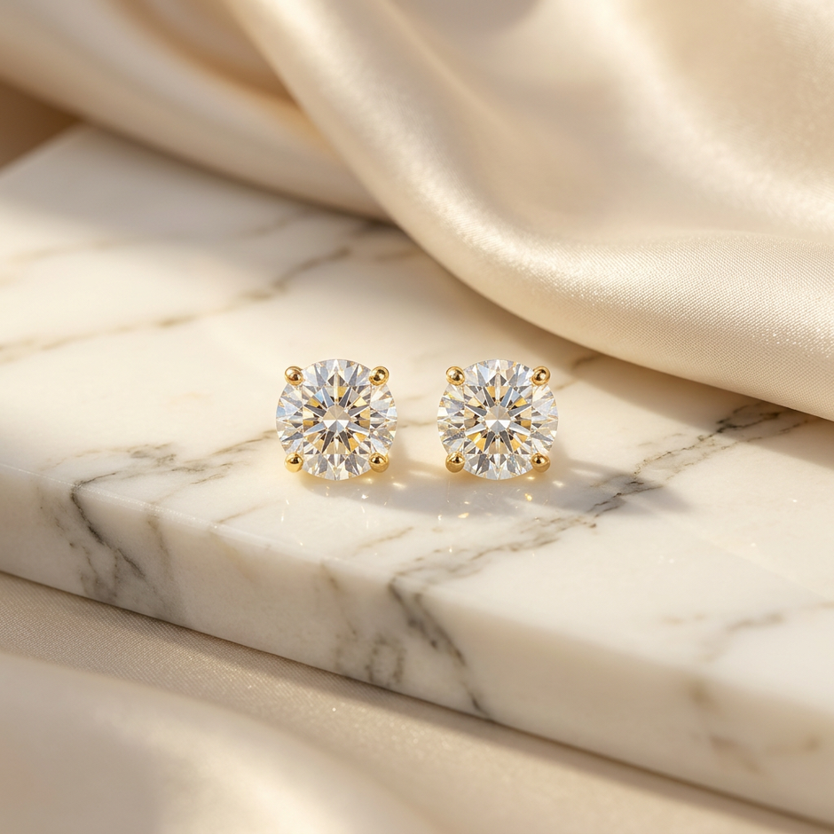 18K Gold Round CZ Stud Earrings 4mm