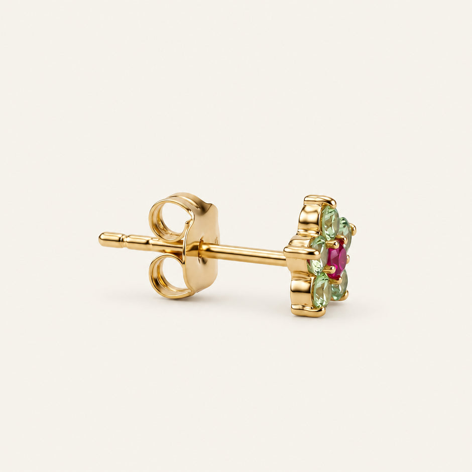 Emerald & Ruby Flower Stud Earrings — 18K Gold