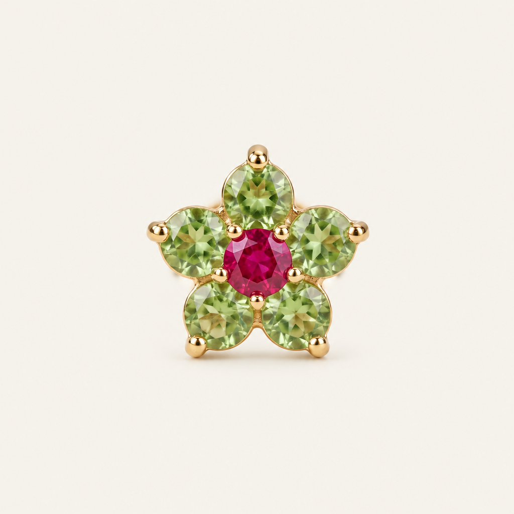 Emerald & Ruby Flower Stud Earrings — 18K Gold