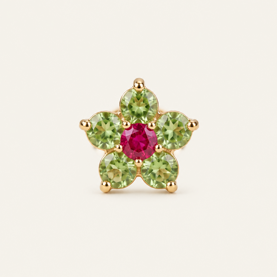Emerald & Ruby Flower Stud Earrings — 18K Gold