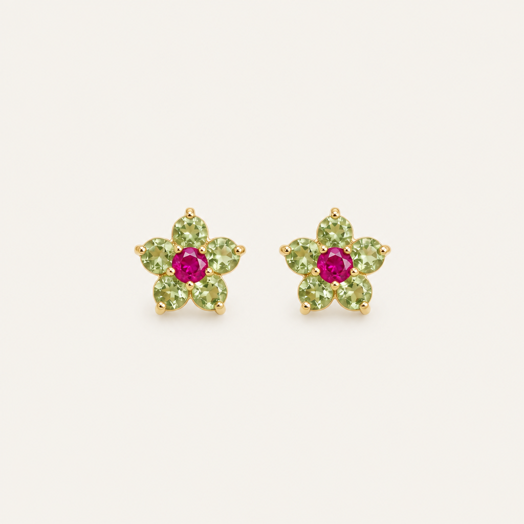 Emerald & Ruby Flower Stud Earrings — 18K Gold