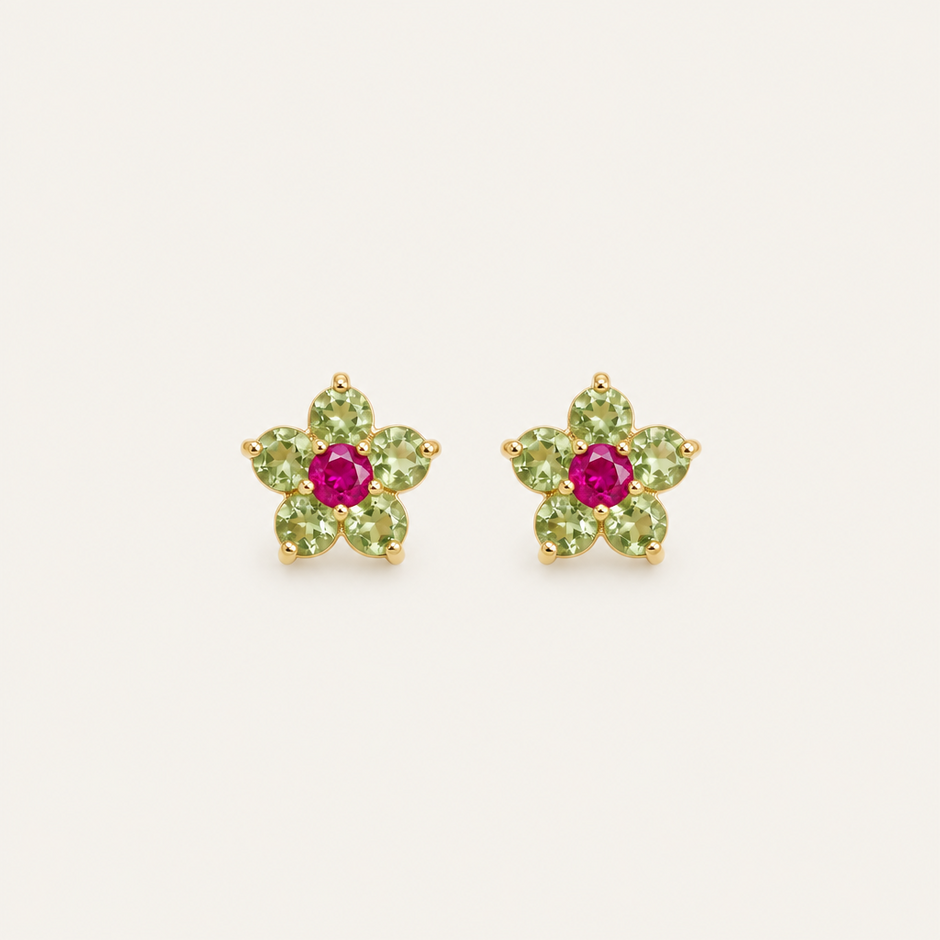 Emerald & Ruby Flower Stud Earrings — 18K Gold