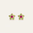 Emerald & Ruby Flower Stud Earrings — 18K Gold