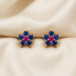 Ruby & Sapphire Flower Stud Earrings — 18K Gold