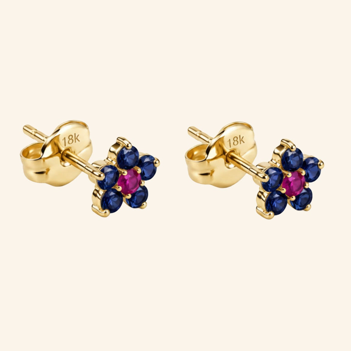 Ruby & Sapphire Flower Stud Earrings — 18K Gold