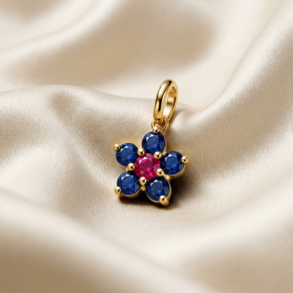 Sapphire & Ruby Flower Charm — 18K Gold
