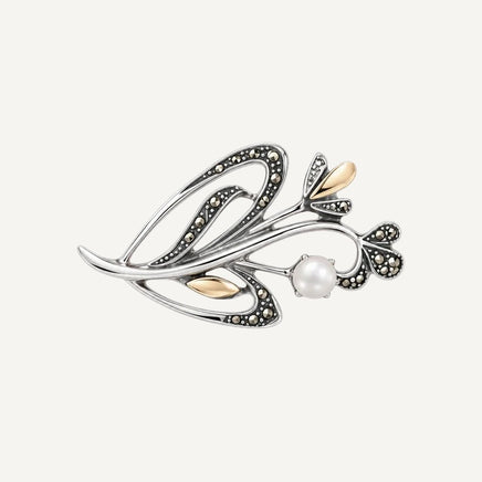 Pearl Bouquet Brooch with Marcasites in Silver and Gold